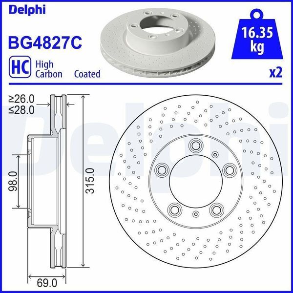 2X Disco Freno Delphi BG4827C Per Porsche Boxster (981) Cayman (981) 69Mm 315Mm-image