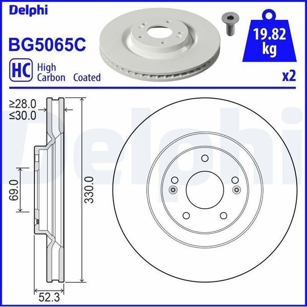 2X Disco Freno Delphi BG5065C Per Hyundai I30 Hatchback (Pde Pd Pden) 52 3Mm-image