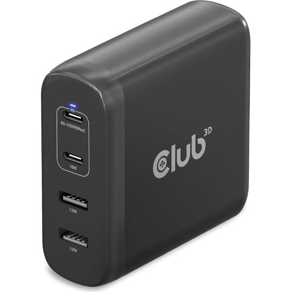 Club3D CLUB3D Caricabatterie Da Viaggio 100W Tecnologia Gan, Quattro Porte Usb Type-A (2X) E -C (2X), Supporto Power Delivery (Pd) 3.0-image