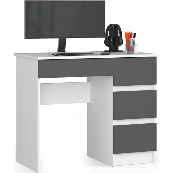 Scrivania A-7 90 Cm Destra Bianco Grafite Con 4 Cassetti E Superficie In Laminato Per Ufficio Domestico E Stanza Dei Giovani-image