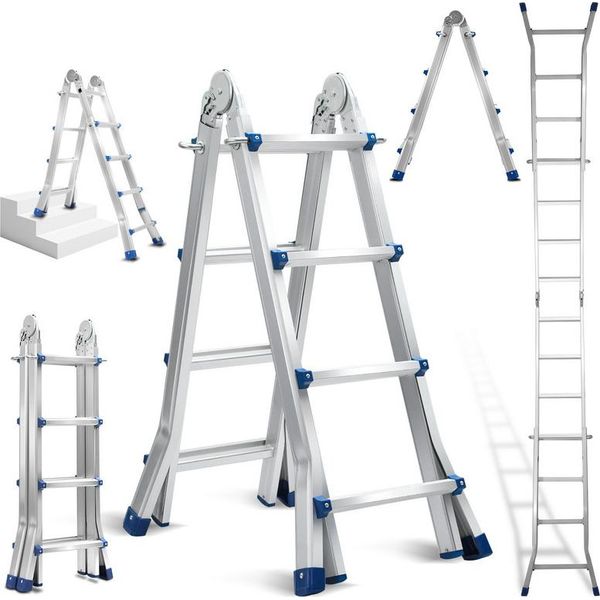 Jayseuw Scala Telescopica In Alluminio Leggera 4X4 Livello Argento +Multifunzione Scala Multifunzione Scala Multiuso Scala Allungabile Scala A Gradini 15 In Alluminio Di Alta Qualità Capacità Di Carico 150KG-image