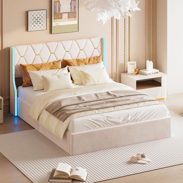Letto Imbottito Proximax 160X200Cm Con Led E Rete A Doghe, Letto A Molle Idrauliche Con Rete E Contenitore, Letto Matrimoniale In Velluto Con Contenitore Letto Funzionale, Beige-image