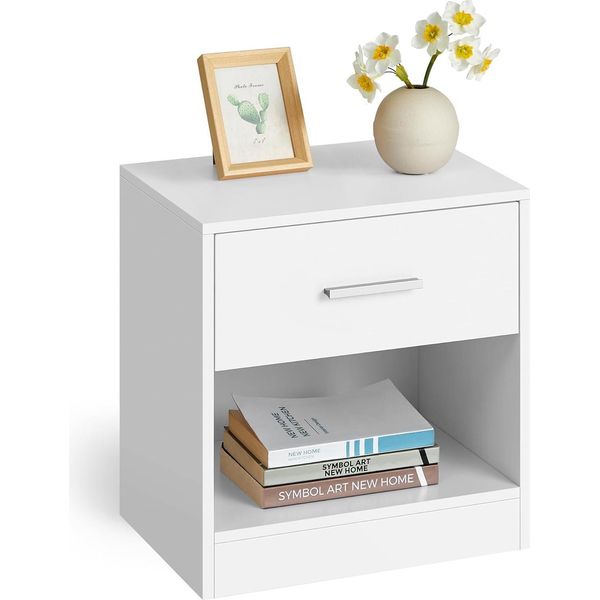 Comodino, Comodino Con Cassetto, Maniglia, Vano A Giorno, Tavolino, Per Camera Da Letto, Soggiorno, Classico Bianco-image