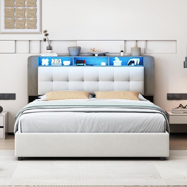 Letto Imbottito Fortuna Lai 160X200Cm Con Rete A Doghe, Letto A Molle Idrauliche Con Contenitore, Letto Contenitore Matrimoniale Con Testata Contenitore E Led, Velluto, Bianco-image