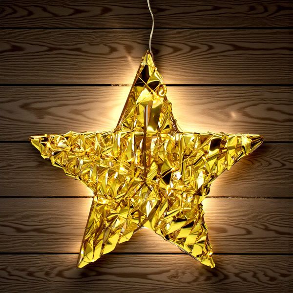 Stella Illuminata 30 Cm Con Nastro Dorato Intrecciato Bianco Caldo Con Timer - 40 Led - Stella Di Natale Decorativa Da Appendere A Batteria-image