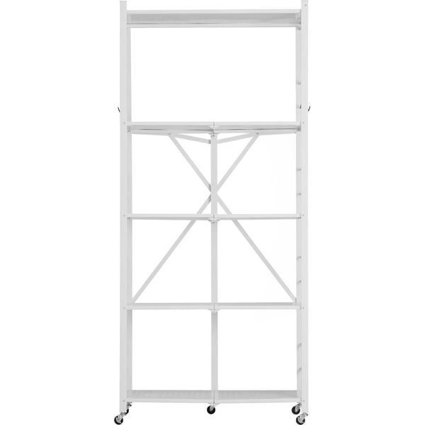 Succebuy Scaffale Pieghevole A 5 Livelli Con Rotelle, 30X61X183 Cm, Scaffale Pieghevole Per Carichi Pesanti, Scaffale In Piedi Senza Montaggio, Versatile Scaffale In Metallo Per Garage, Cucina, Cantina, Bianco-image