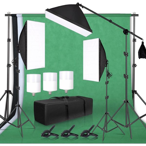 Happyment® Set Da Studio Fotografico - Softbox, Lampade Da Studio, Schermo Verde Con Sistema Di Sfondo E Treppiedi - Black Friday / Regalo Di Natale-image