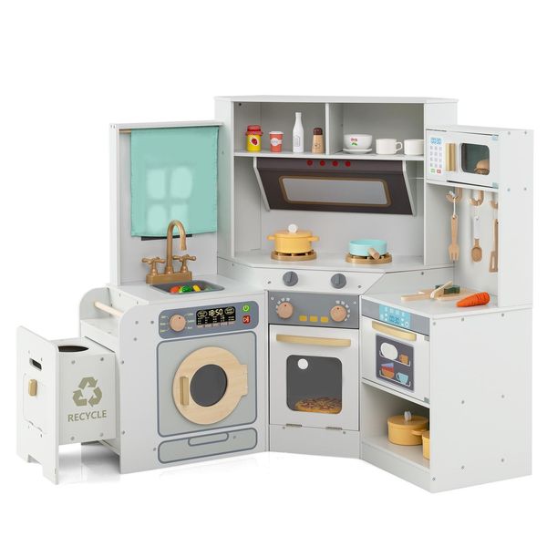Costway Cucina Per Bambini, Cucina Ad Angolo Con Accessori Da Cucina, Lavello, Fornello, Microonde, Forno, Cestino, Luci E Suoni, Cucina Giocattolo In Legno Per Bambini 3+Bianco-image
