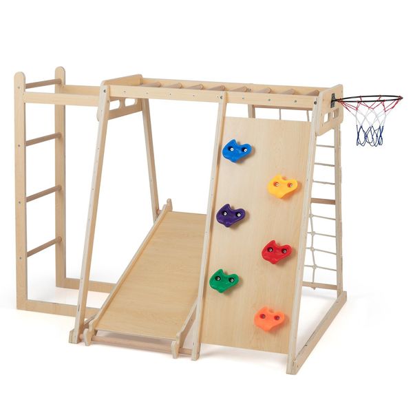 Costway 171X109X110,5 Cm Struttura Da Arrampicata Per Interni, Scala Da Arrampicata 6In1, Corda Da Arrampicata, Roccia Da Arrampicata, Scivolo, Barra Per Scimmie E Canestro Da Basket Per Bambini 3+Natura-image