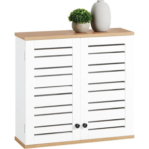 Armadietto A Muro BZR42-W, Con Ante A Lamelle, Bianco, Per Bagno/Cucina, Armadietto Per Medicinali-image