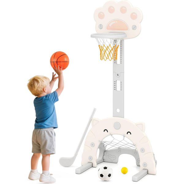 Costway Canestro 3In1 Per Bambini, Supporto Per Pallacanestro Con Pallone Da Basket, Calcio, Golf, Altezza Regolabile E Canestro Da Basket, Per Bambini 3+Beige-image