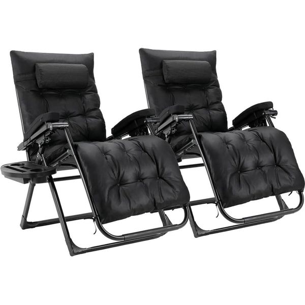 Sdraio A Gravità Zero - Sedia Da Campeggio E Da Giardino Regolabile Con Cuscino Rimovibile E Portabicchieri - Set Di 2 - Nero-image