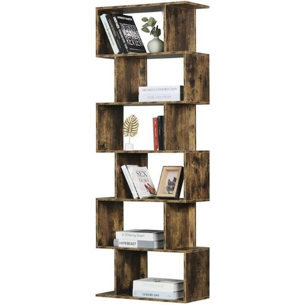 Happyment Gigi Open - 6 Scomparti - Marrone - Legno - 60X23,5X160 Cm - Libreria Per Soggiorno, Camera Da Letto E Cameretta Dei Bambini-image