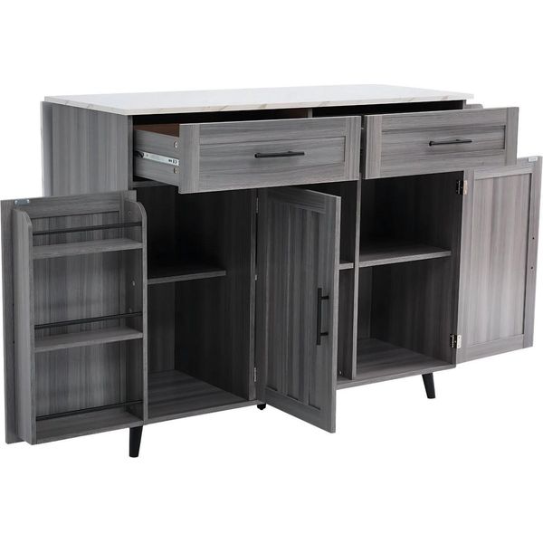 Carrello Da Cucina - Isola Da Cucina Con Piano Di Lavoro Estraibile - Cucina Abitabile - Armadio - Per Cucina O Sala Da Pranzo - Marmo Bianco E Legno Grigio Kaki-image