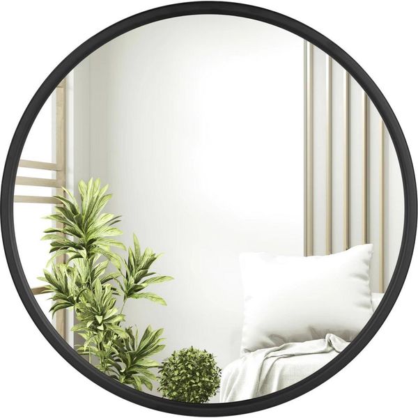 Specchio Moderno Rotondo Da Parete - Cornice In Acciaio Nero - Per Bagno, Camera Da Letto, Soggiorno E Corridoio - Sospensione Inclusa - 80X80 Cm-image