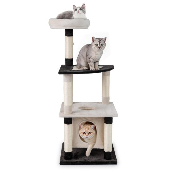 Tiragraffi Costway, 124 Cm, Albero Per Gatti Con Grotta Per Gatti, Letto Per Gatti, Tiragraffi In Sisal, Palla, Base E Piattaforma Curva, Tiragraffi Per Gatti, Beige+Nero-image
