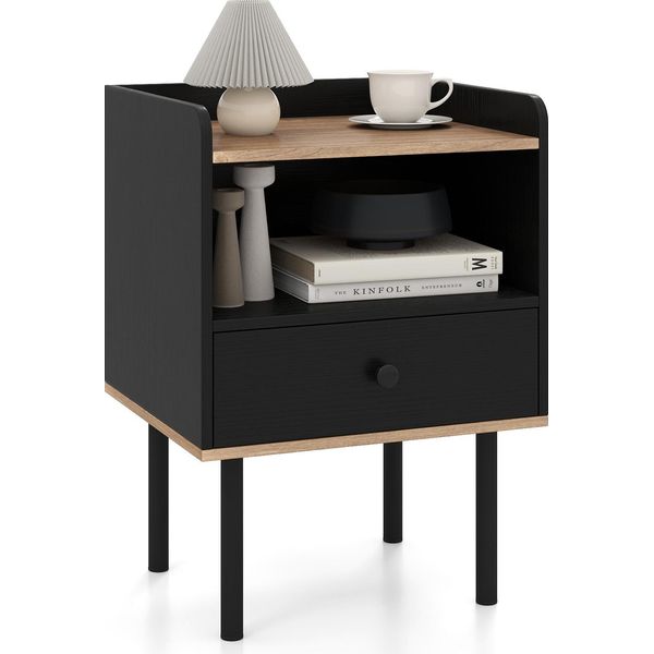 Comodino Costway Tavolino Con Cassetto, Vano A Giorno E Gambe In Metallo, Comodino, Console Da Letto, Cassettiera Da Letto 40,5X35X56Cm 1 Pezzo Nero-image