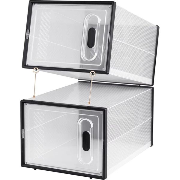 Schoenenbox Statura - Set Di 18 - Scatole Per Scarpe Impilabili E Pieghevoli - Porta Magnetica - Plastica Nera Trasparente - Per Armadi E Corridoi-image