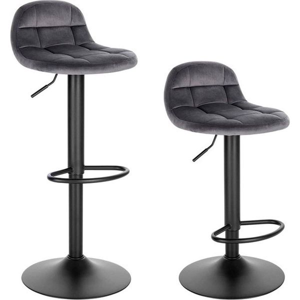 Sgabello Da Bar - Grigio Scuro - Velluto - Ergonomico - Regolabile In Altezza - Altezza 62-83?Cm - Set Di 2-image