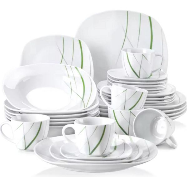 Set Di Insalatiere Nobleza - 30 Pezzi - Bianco/Verde A Righe - Servizi Da Tavola - Piatti Da Portata - Piatti Fondi - Piatti Per La Colazione - Piatti Da Portata - Piatti Da Portata Per La Cucina-image