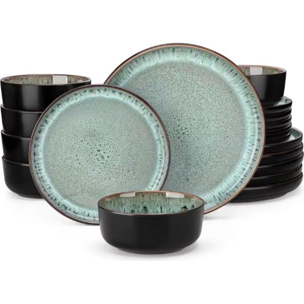 Servizio Da Tavola Luxora - Piatti Da Portata E Da Colazione - 6 Persone - 24 Pezzi - Ceramica Verde Scuro - Design Elegante-image