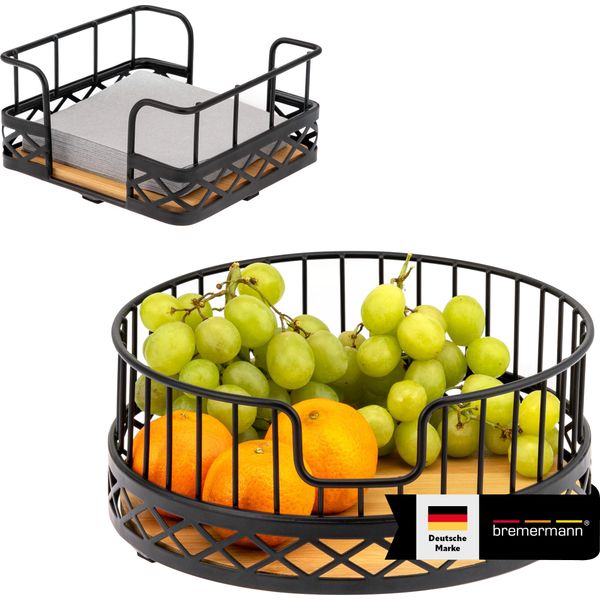 Set Di 2 Cestini Da Frutta Bremermann Con Portatovaglioli, Fruttiera/Cestino Da Pane In Bambù E Metallo-image