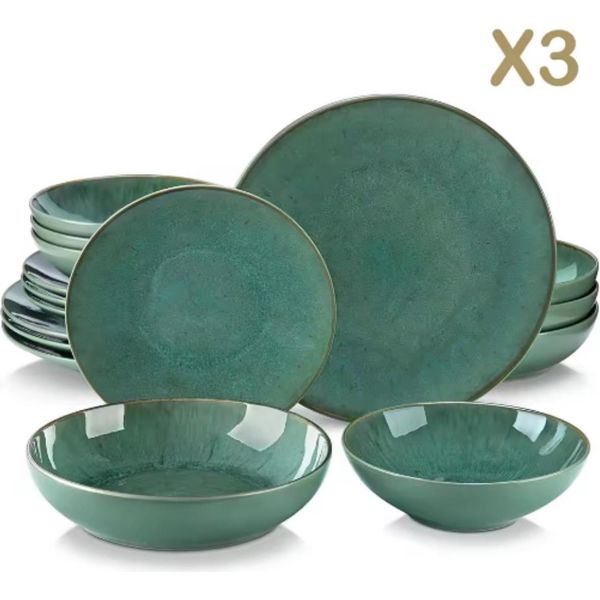 Servizio Da Tavola Ornato - 48 Pezzi - 12 Persone - Ceramica Verde - Piatti Da Portata - Piatti Piccoli-image