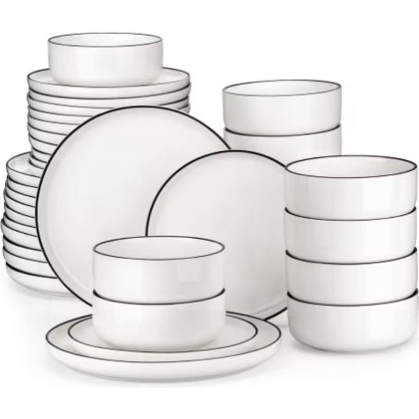 Set Da Portata Celestial - Servizio Da Tavola - 12 Persone - 36 Pezzi - Ceramica Bianca Con Bordo Nero - Piatto Da Colazione - Elegante Servizio Da Tavola In Ceramica-image