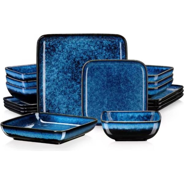 Servizio Da Tavola Golden - 16 Pezzi - 4 Persone - Ceramica Blu - Piatto Da Colazione - Design Elegante-image