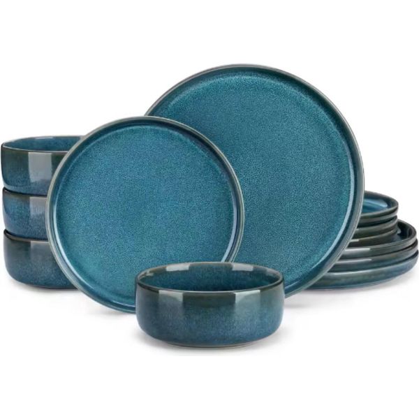 Set Da Portata Grandeur - 4 Persone - 12 Pezzi - Ceramica Blu - Piatti Da Pranzo E Piatti Piccoli-image