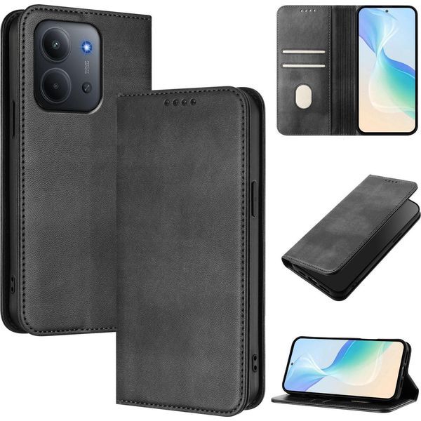 Custodia Per Xiaomi Redmi 15C 5G/4G, Vintage Leather Rfid Protection Card Holder Stand Function Magnetic Flip Case Black-image