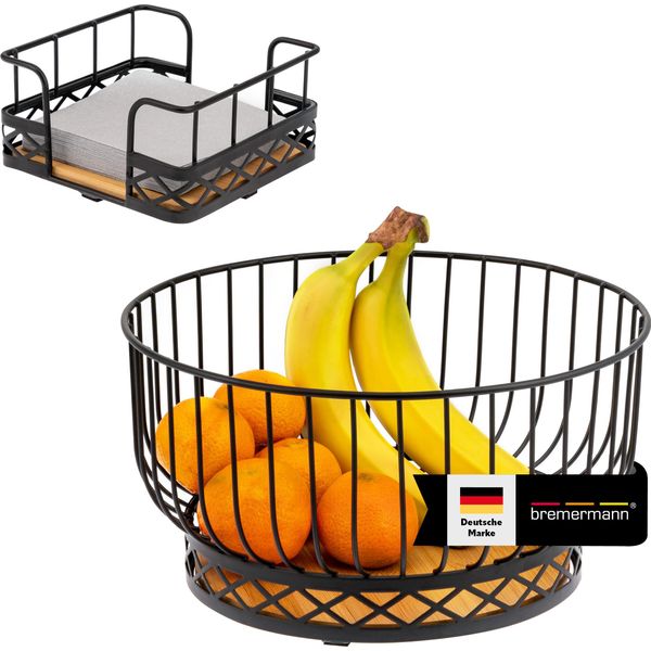 Set Di 2 Cestini Da Frutta Bremermann Con Portatovaglioli, Fruttiera/Cestino Da Pane In Bambù E Metallo-image