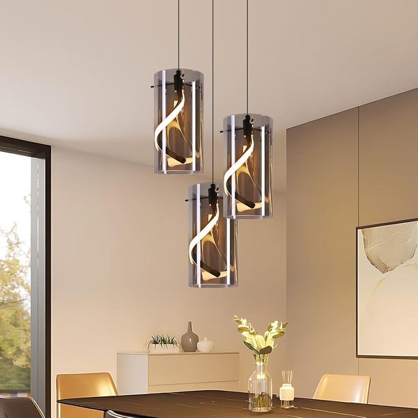 Zmh Led Lampada A Sospensione Per Tavolo Da Pranzo Lampada A Sospensione In Vetro 3 Fiamme 23W Rotonda Grigio Fumo Lampada A Sospensione Lampada Da Tavolo Da Pranzo Altezza Regolabile 3000K Lampada Da Corridoio-image