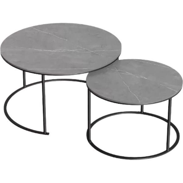 Tavolini Venetia Fioren - Set Di 2 - Tavolino Rotondo - Look In Marmo - Tavolini Da Salotto - Struttura In Metallo - Grigio-image