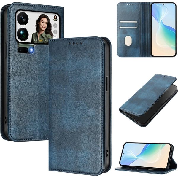 Custodia Per Telefono Cellulare Per Xiaomi 17 Pro Max, Vintage Leather Rfid Protection Card Holder Stand Function Magnetic Flip Case Blue-image