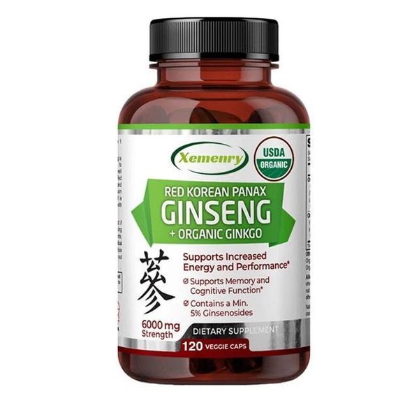 Panax Ginseng Rosso Coreano + Ginkgo Biologico 6000Mg (120 Capsule) Integratore Alimentare, Energia, Resistenza, Muscoli, Cervello, Memoria, Vitalità-image