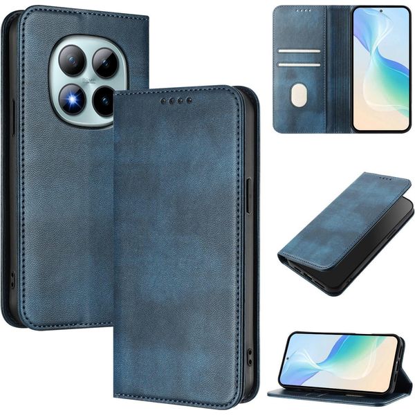 Custodia Per Telefono Cellulare Per Xiaomi Redmi Note 15 Pro+, Vintage Leather Rfid Protection Card Holder Stand Function Magnetic Flip Case Blu-image