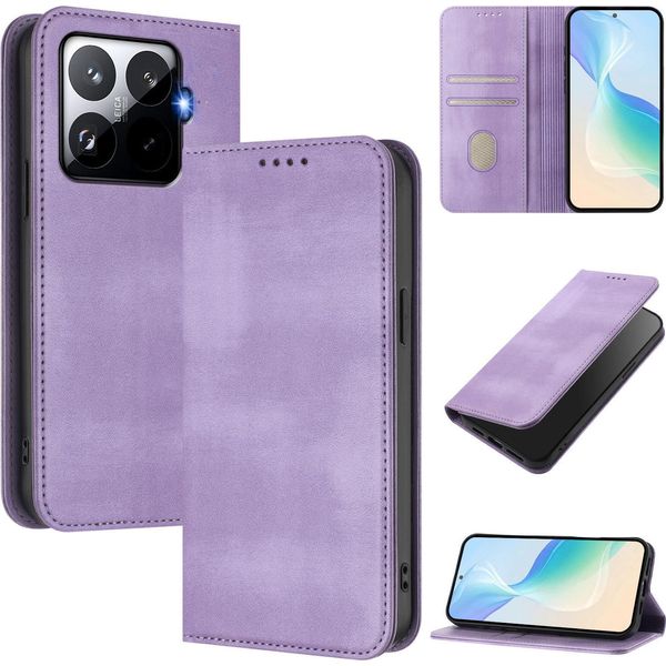 Custodia Per Telefono Cellulare Per Xiaomi 15T Pro, Vintage Leather Rfid Protection Card Holder Stand Function Magnetic Flip Case Purple-image