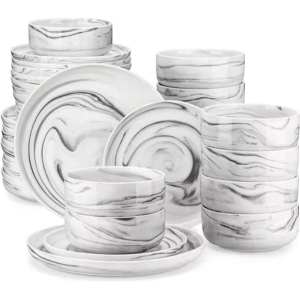 Set Di Stoviglie Monarch - 12 Persone - 36 Pezzi - Ceramica Marmerlook - Piatti Da Pranzo E Da Colazione-image