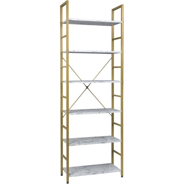 Happyment Librerie Nerry - Industriale - 6 Strati - Bianco/Oro - Look Marmo - Libreria - Soggiorno, Camera Da Letto E Camera Dei Bambini - Legno/Metallo - 60X28X180 Cm-image