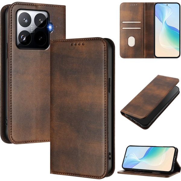 Custodia Per Xiaomi 15T Pro, Vintage Leather Rfid Protection Card Holder Stand Function Magnetic Flip Cover Marrone-image