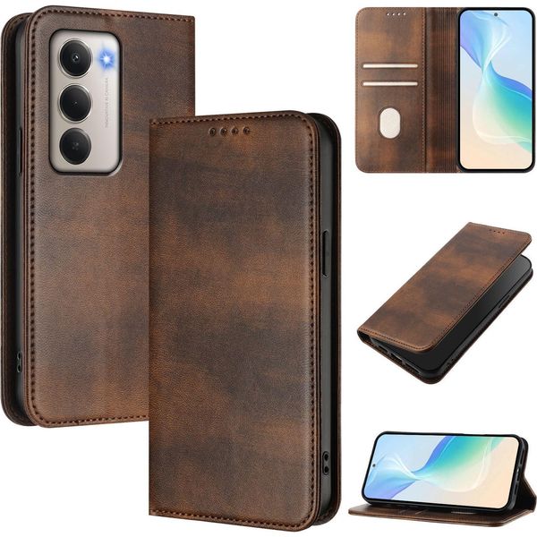 Custodia Per Xiaomi Redmi 15 5G/4G, Vintage Leather Rfid Protection Card Holder Stand Function Magnetic Flip Cover Brown-image