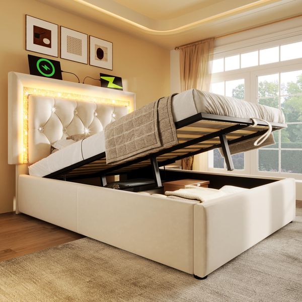 Letto Imbottito Flieks 90X200Cm Con Usb E Type C, Letto Idraulico Con Contenitore, Letto Singolo Per Giovani Con Led, Letto Contenitore In Velluto, Beige-image