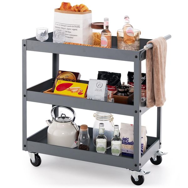 Carrello Da Officina Costway, Carrello Da Officina Con 2 Ripiani, Carrello Portautensili In Metallo Con Maniglia E Rotelle, Carrello Di Trasporto Carrello Di Montaggio Per Ufficio (Grigio)-image