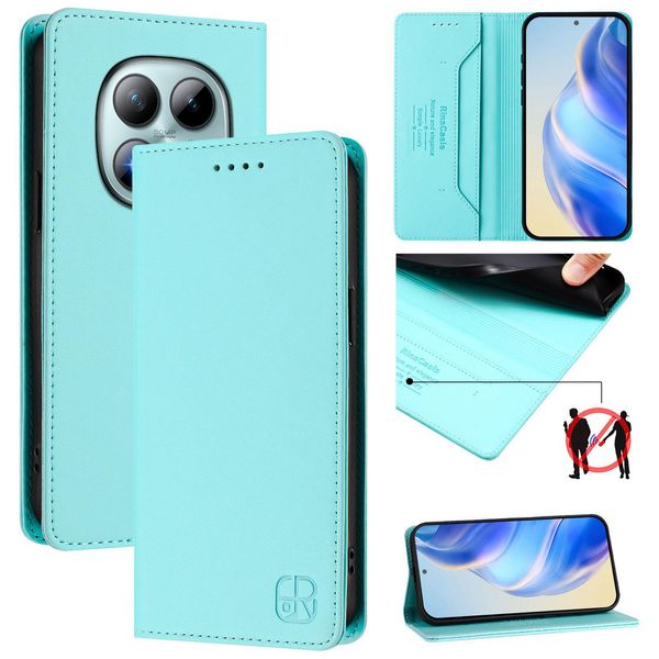 Custodia In Pelle Per Xiaomi Redmi Note 15 Pro+, Flip Case Con Slot Per Carte, Portafoglio E Supporto Turchese-image