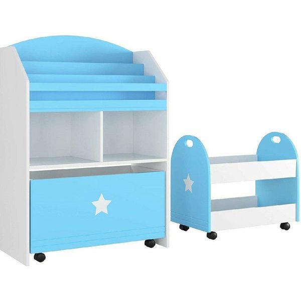 Bolt Edge, Set Per Giocattoli E Libreria - Bianco/Blu - Scaffale Per Bambini - Mdf - 2 Pezzi - Libreria E Carrello Per Giocattoli-image