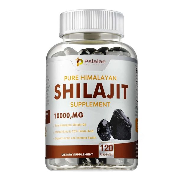 Pure Himalayan Shilajit 10000Mg (120 Capsule) Integratore Alimentare, Energia, Resistenza, Cervello, Memoria, Sistema Immunitario, Nervi, Stress-image
