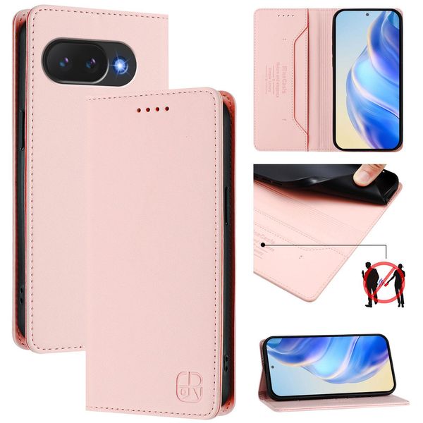 Custodia In Pelle Per Google Pixel 10A, Flip Case Con Slot Per Carte, Portafoglio E Supporto Rosa-image