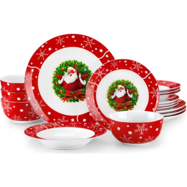 Servizio Da Tavola Royalty - 4 Persone - 16 Pezzi - Ceramica Bianca/Rossa - Piatto Da Pranzo E Piatto Da Colazione - Design Festivo-image
