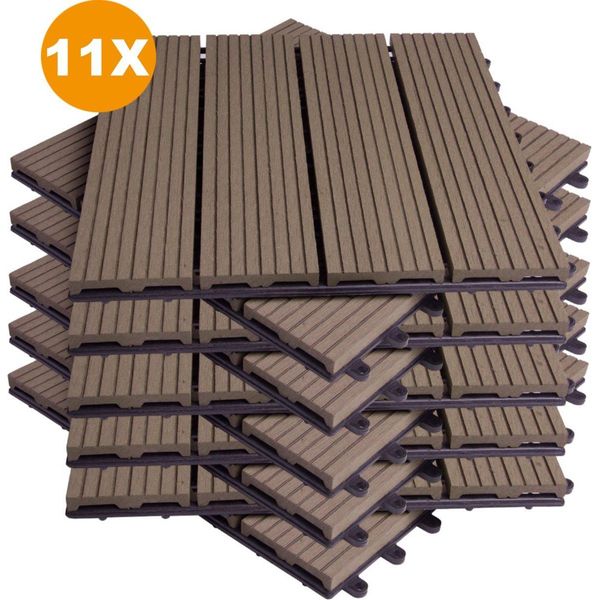 Happyment Wpc Decking Tiles 11 Pieces - Decking Boards Coffee - Balcony & Garden Decking - 30X30 Cm-image